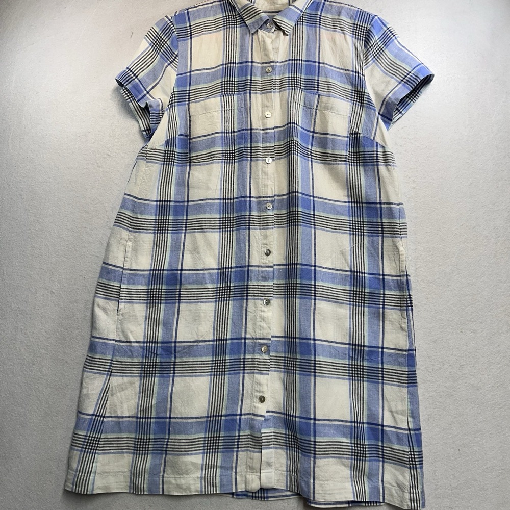J. Jill Love Linen Women's Blue Plaid Shirt Dress Short Sleeve Pockets Size M